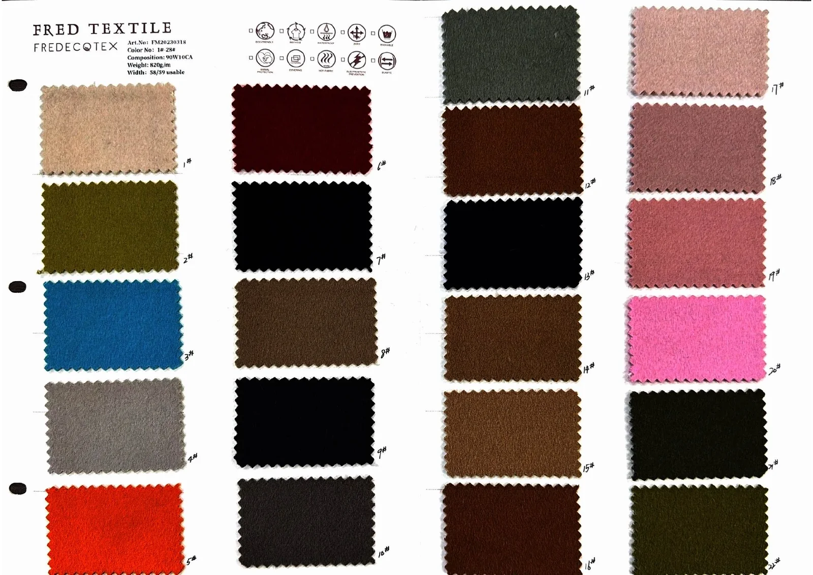 Fred Textile supplied woolen fabric colour-card page with physical swatches
