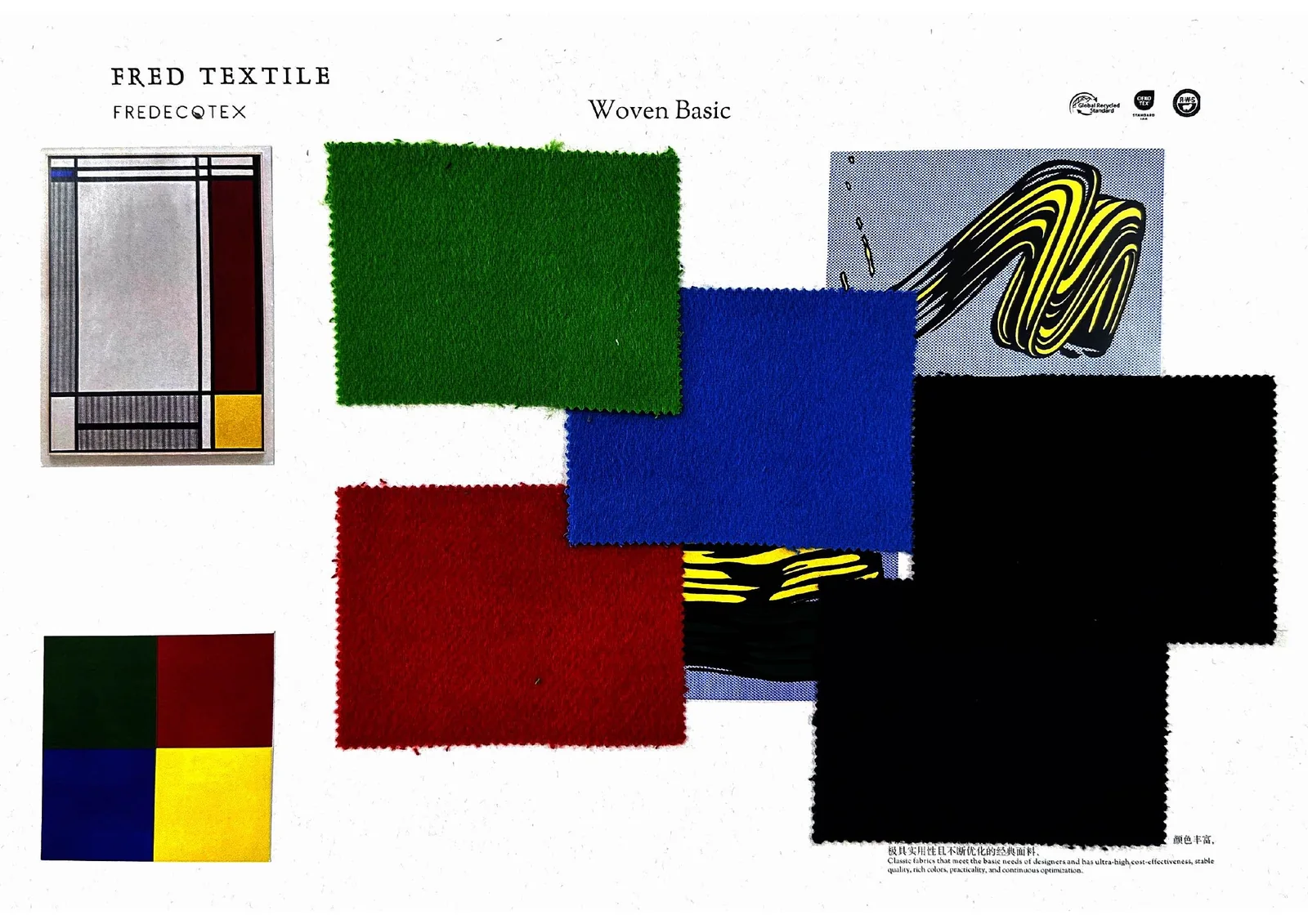Fred Textile supplied woven woolen fabric trend board with physical fabric swatches
