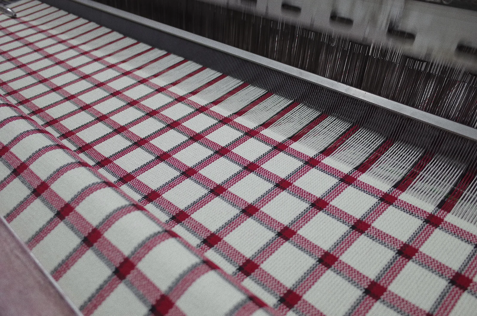 Close view of red check fabric and warp yarns during weaving