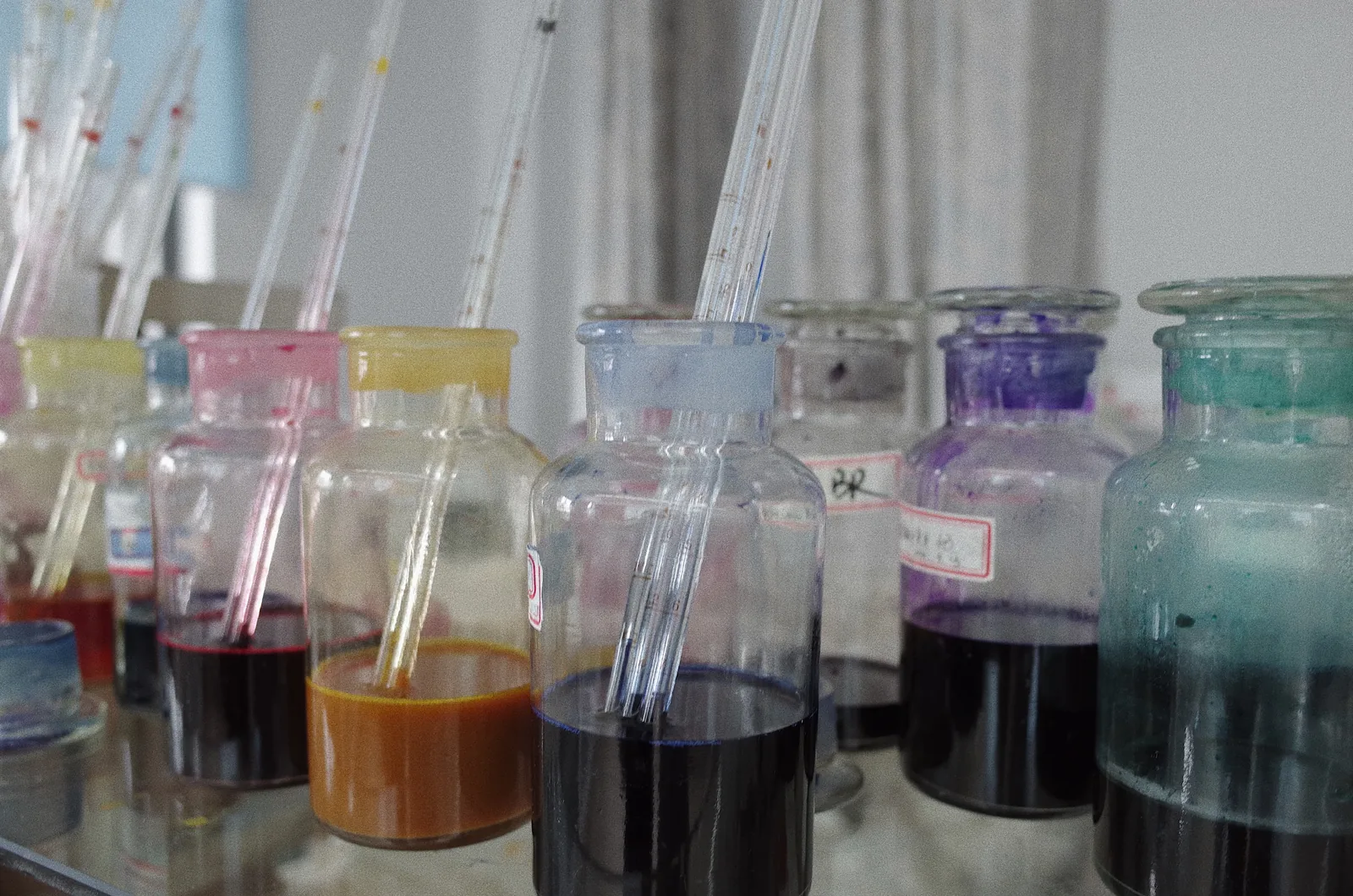 Colour preparation jars and pipettes in the textile dye laboratory